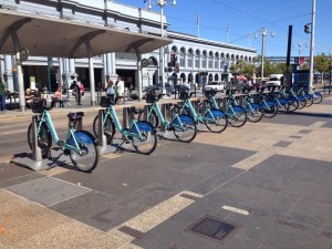 Bay Area Bike Share bikes at the Ferry Building in San Francisco. 