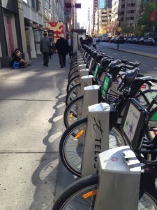 A row of Bixis stands waiting for lunchtime riders in Montreal. 