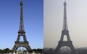 The Eiffel Tower, before and after the Paris smog. Photo via StrangeSounds.org