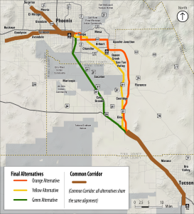 Possible routes for a rail between Phoenix and Tucson (Courtesy of ADOT)